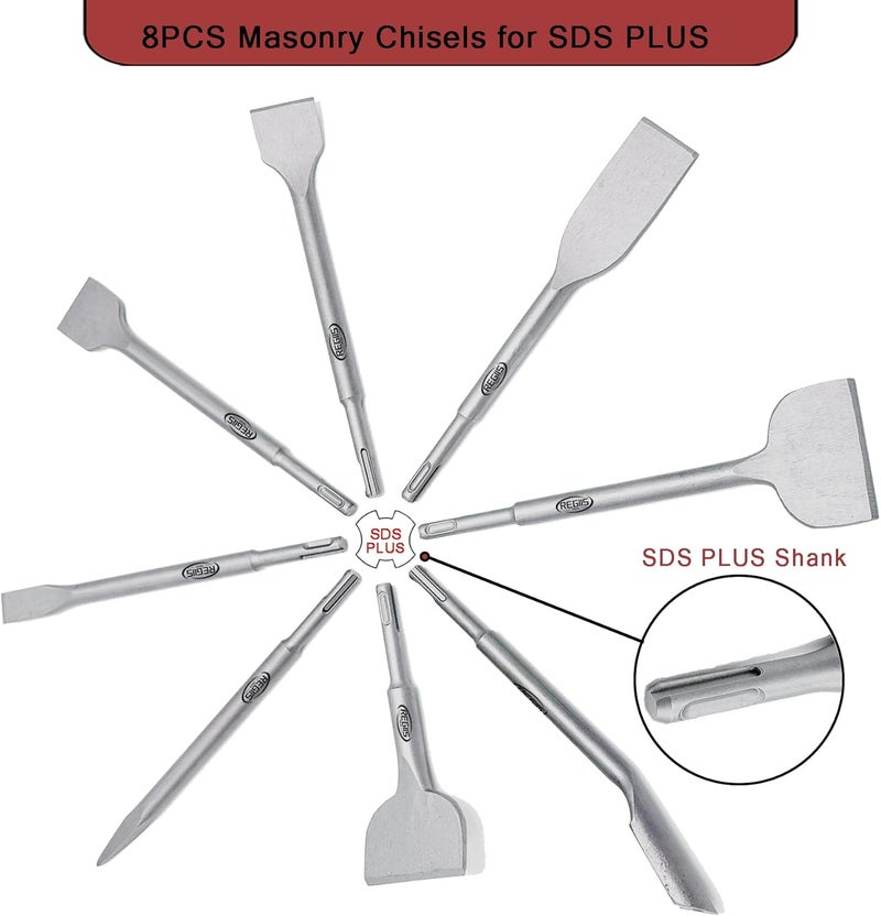 Regiis Tech 8 pcs SDS Plus Chisel Set, Masonry Concrete Drill Bit Set, Tile Removal Chisel Bits for Rotary Hammer with Point Flat Wide Tile Inclined Grooving Scraping Scaling Chisels - Image 3